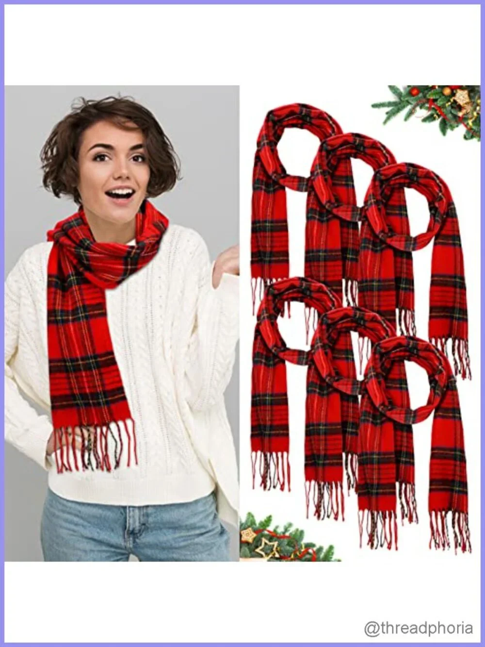 6 Pcs Christmas Tartan Plaid Scarf Set Women Men Acrylic Winter